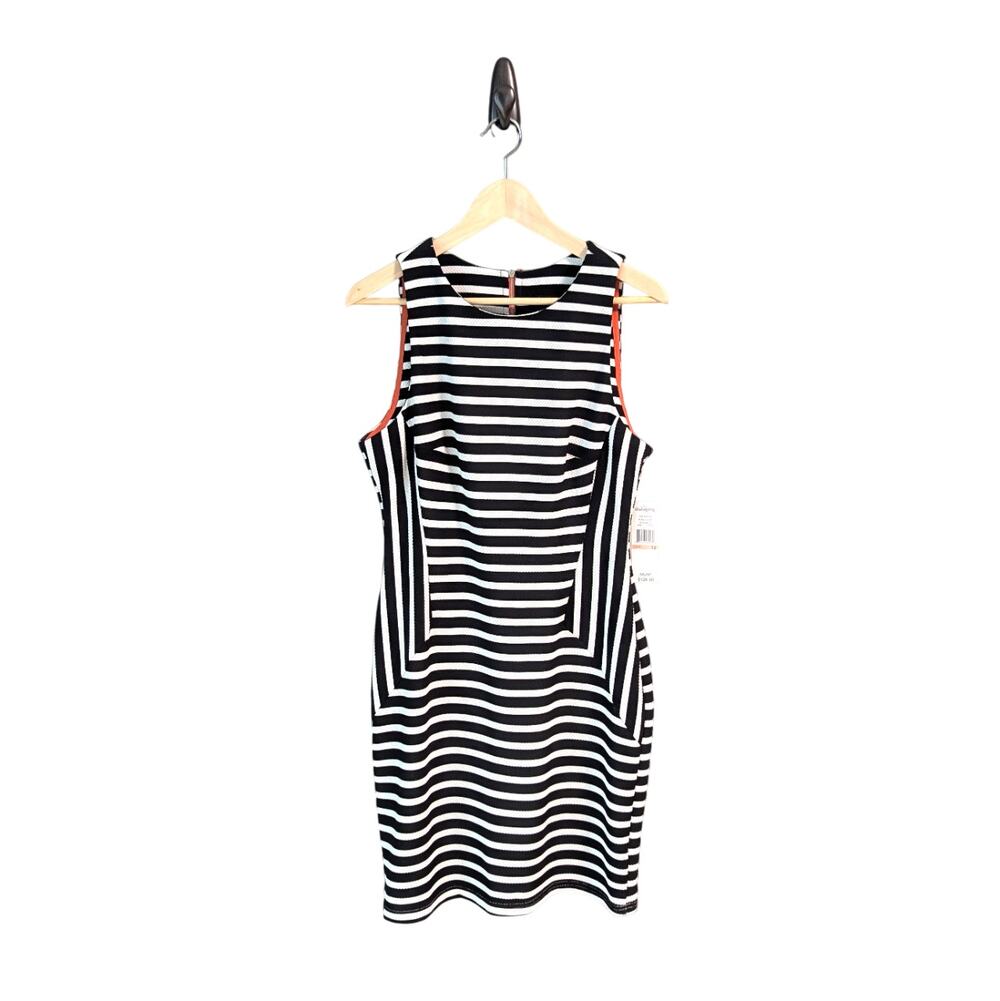 Sharagano Striped Tank Dress 12 Fitted Preppy Minimalist Chic Black White Orange